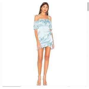 Majorelle Revolve Sz M Satin Light Blue Off Shoulder Ruffle Tie Neck‎ Mini Dress